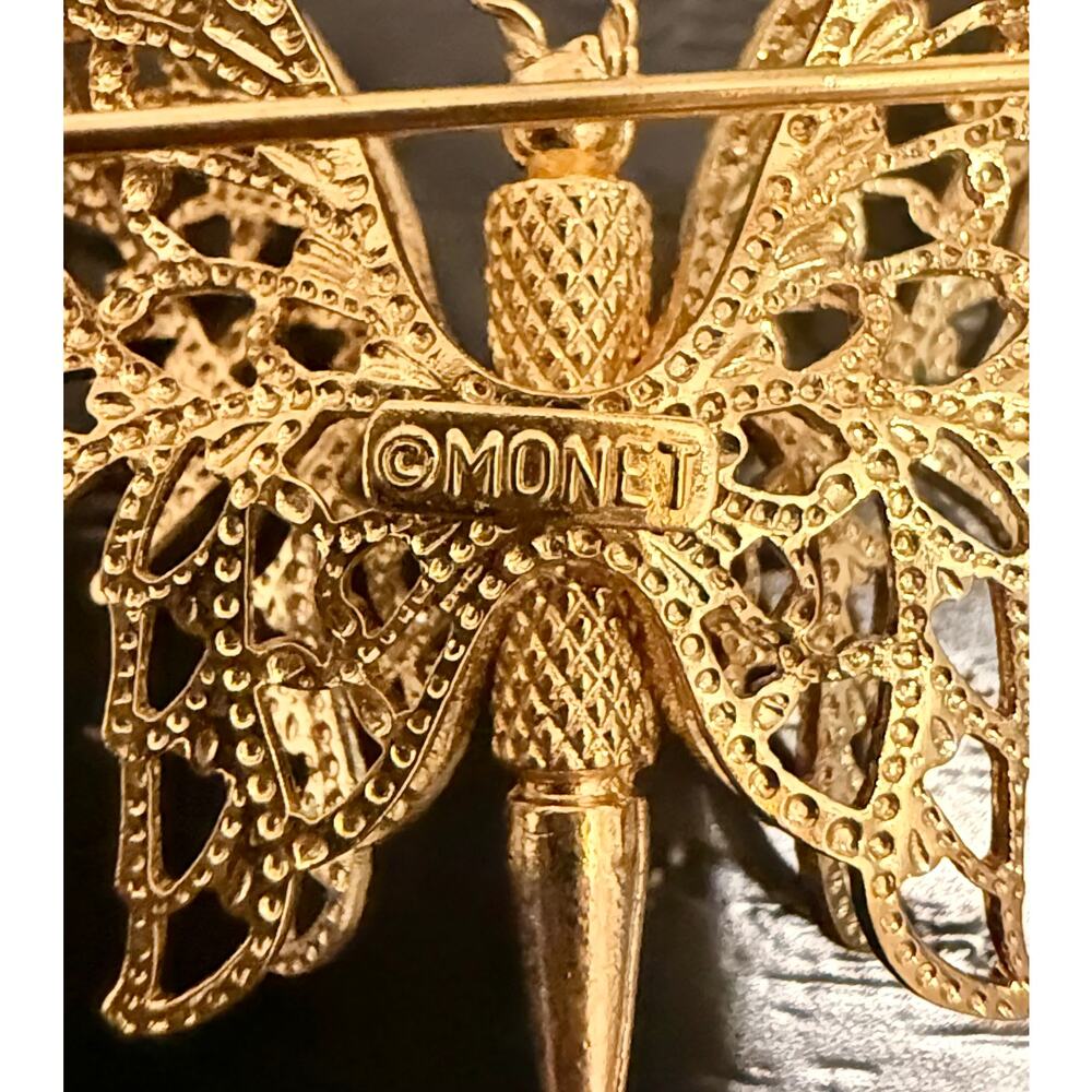 Vintage Signed Monet Gold Tone Filigree Butterfly Brooch - Picture 3 of 5